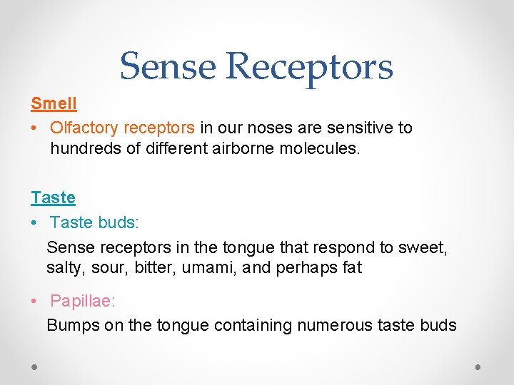Sense Receptors Smell • Olfactory receptors in our noses are sensitive to hundreds of
