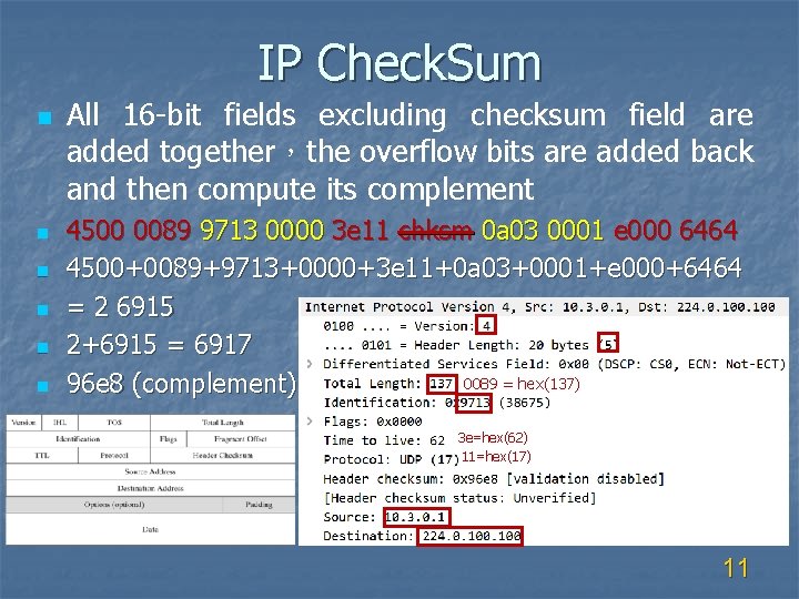 IP Check. Sum n n n All 16 -bit fields excluding checksum field are