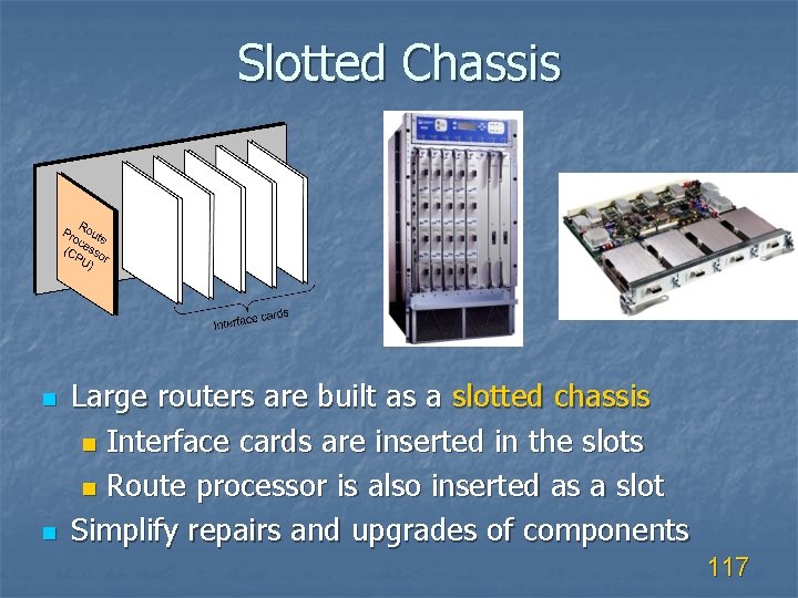 Slotted Chassis n n Large routers are built as a slotted chassis n Interface