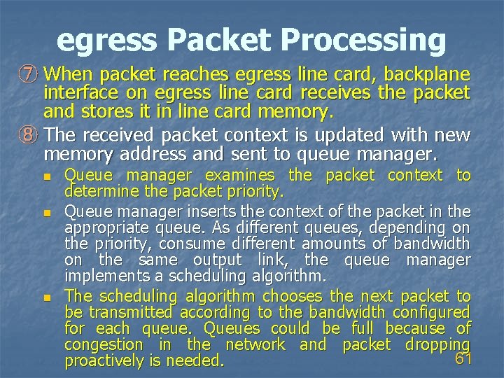 egress Packet Processing ⑦ When packet reaches egress line card, backplane interface on egress