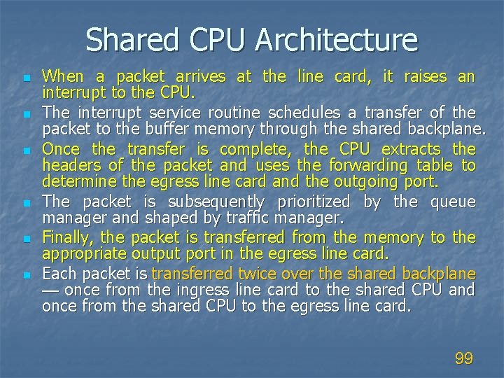 Shared CPU Architecture n n n When a packet arrives at the line card,