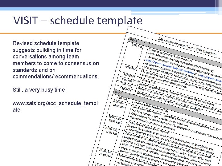 VISIT – schedule template Revised schedule template suggests building in time for conversations among