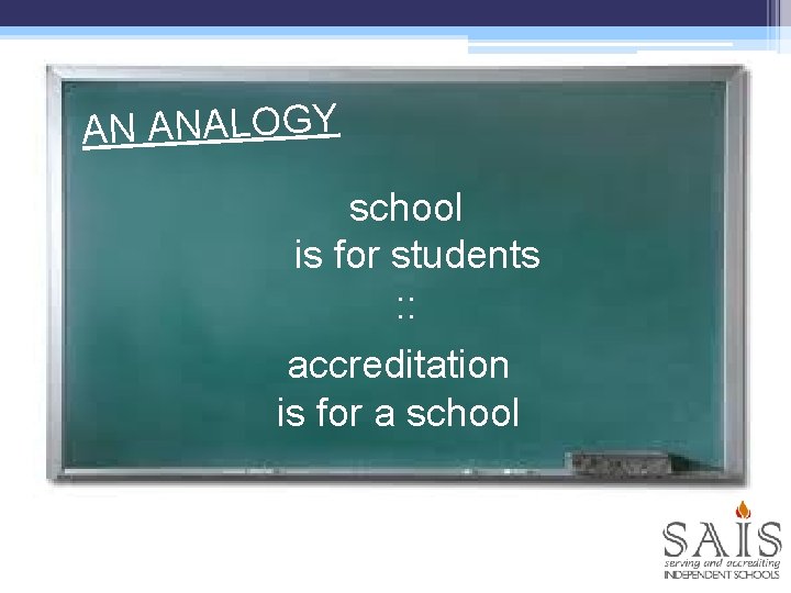 AN ANALOGY school is for students : : accreditation is for a school 