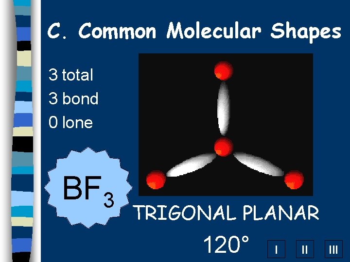 C. Common Molecular Shapes 3 total 3 bond 0 lone BF 3 TRIGONAL PLANAR