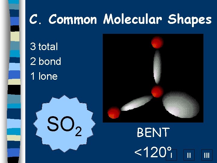 C. Common Molecular Shapes 3 total 2 bond 1 lone SO 2 BENT <120°I