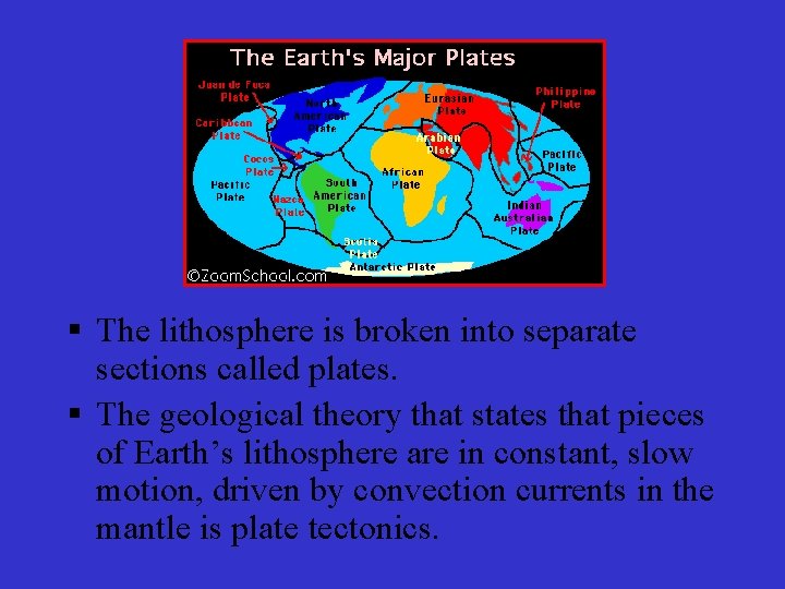 § The lithosphere is broken into separate sections called plates. § The geological theory