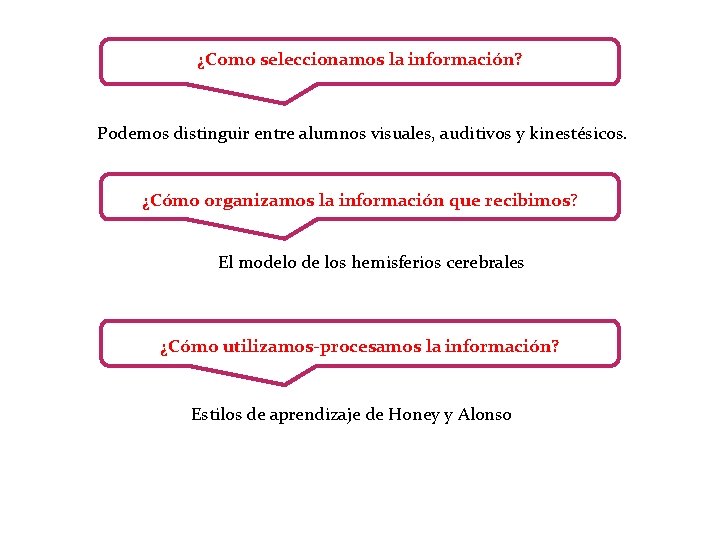 ¿Como seleccionamos la información? Podemos distinguir entre alumnos visuales, auditivos y kinestésicos. ¿Cómo organizamos