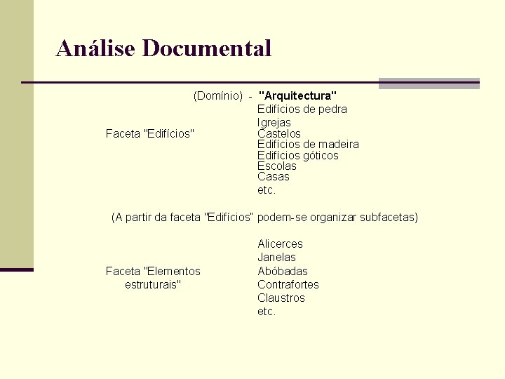 Análise Documental (Domínio) - "Arquitectura" Edifícios de pedra Igrejas Faceta "Edifícios" Castelos Edifícios de