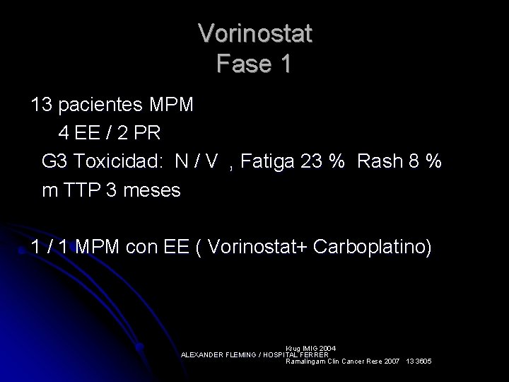 Vorinostat Fase 1 13 pacientes MPM 4 EE / 2 PR G 3 Toxicidad: