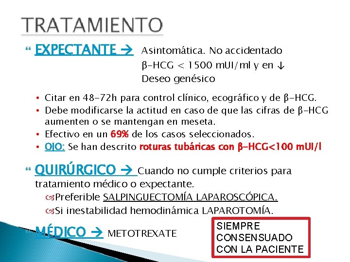  EXPECTANTE Asintomática. No accidentado β-HCG < 1500 m. UI/ml y en ↓ Deseo