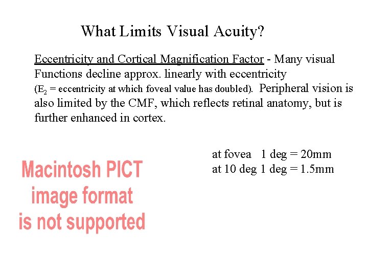What Limits Visual Acuity? Eccentricity and Cortical Magnification Factor - Many visual Functions decline