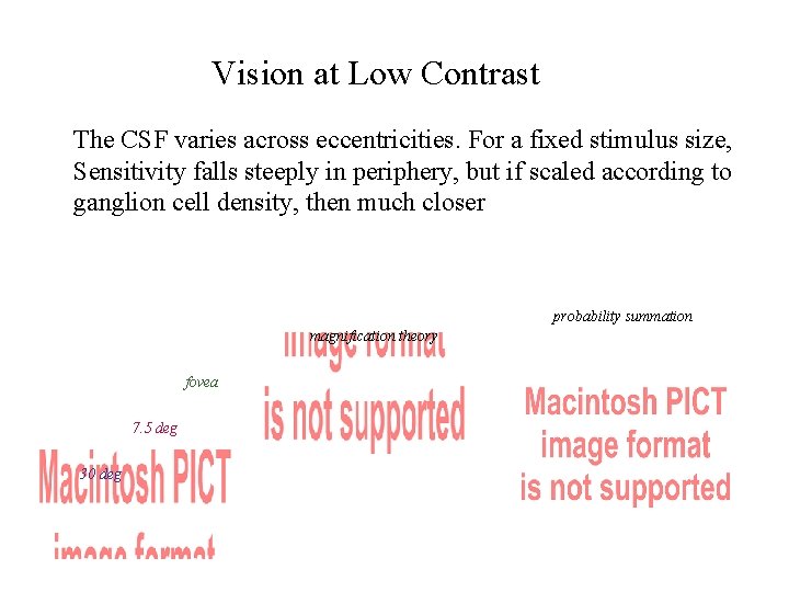 Vision at Low Contrast The CSF varies across eccentricities. For a fixed stimulus size,