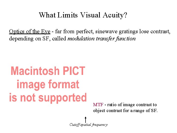 What Limits Visual Acuity? Optics of the Eye - far from perfect, sinewave gratings