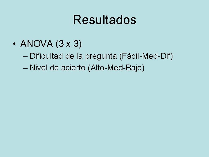 Resultados • ANOVA (3 x 3) – Dificultad de la pregunta (Fácil-Med-Dif) – Nivel