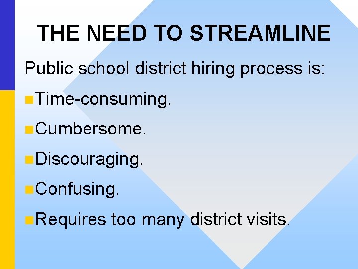 THE NEED TO STREAMLINE Public school district hiring process is: n. Time-consuming. n. Cumbersome.