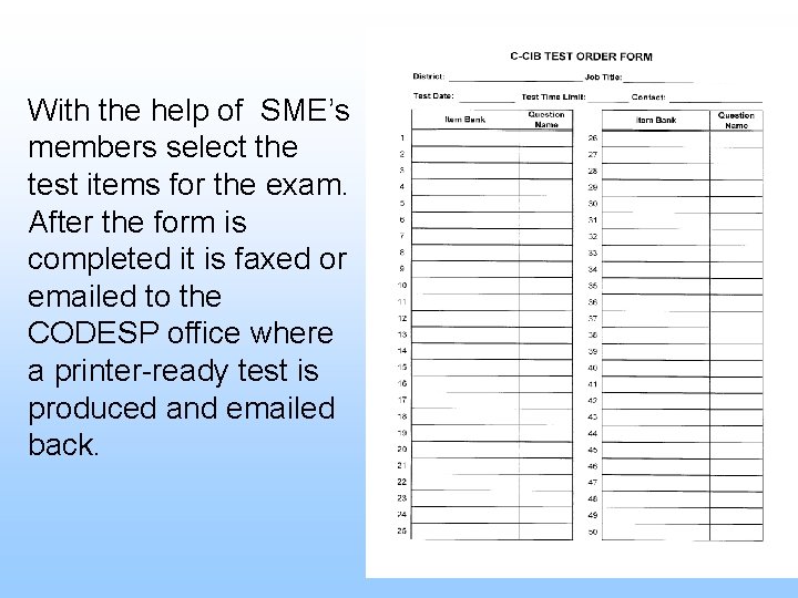 With the help of SME’s members select the test items for the exam. After