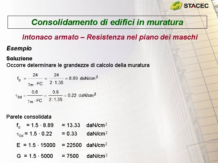 Consolidamento di edifici in muratura Intonaco armato – Resistenza nel piano dei maschi Esempio Consolidamento di edifici in muratura Intonaco armato – Resistenza nel piano dei maschi Esempio