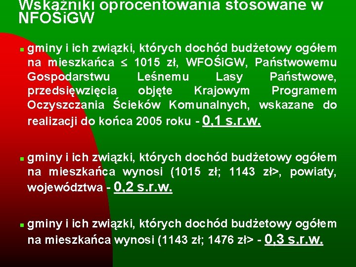 Wskaźniki oprocentowania stosowane w NFOŚi. GW n n n gminy i ich związki, których