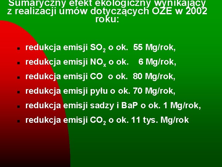 Sumaryczny efekt ekologiczny wynikający z realizacji umów dotyczących OZE w 2002 roku: n redukcja