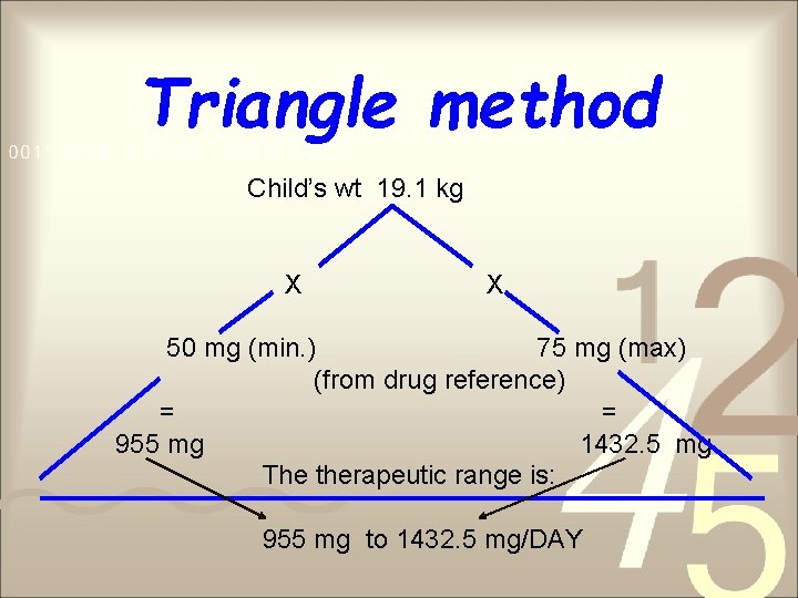 Triangle method Child’s wt 19. 1 kg X X 50 mg (min. ) 75