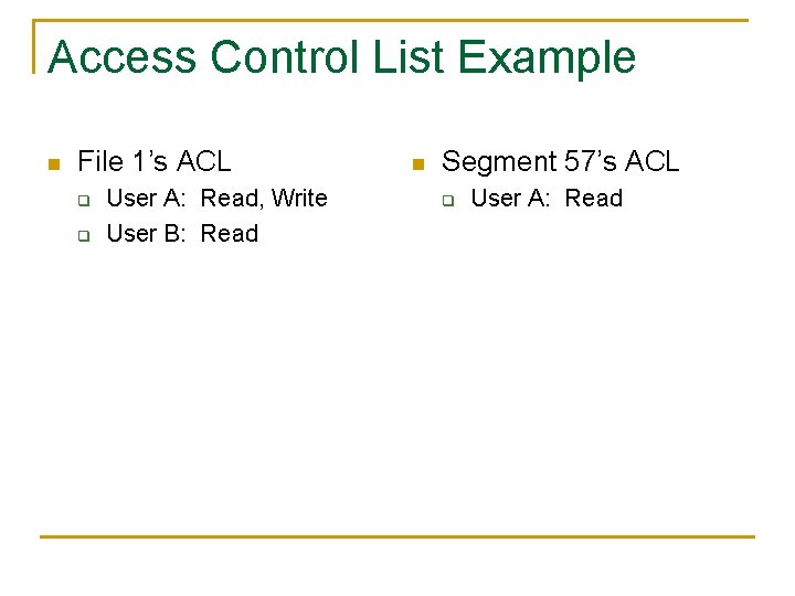 Access Control List Example n File 1’s ACL q q User A: Read, Write
