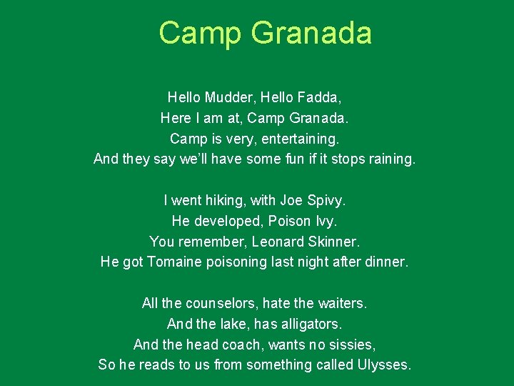 Camp Granada Hello Mudder, Hello Fadda, Here I am at, Camp Granada. Camp is