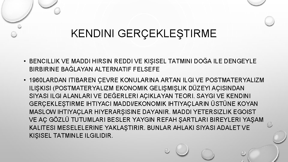 KENDINI GERÇEKLEŞTIRME • BENCILLIK VE MADDI HIRSIN REDDI VE KIŞISEL TATMINI DOĞA ILE DENGEYLE