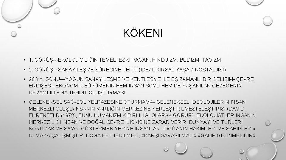 KÖKENI • 1. GÖRÜŞ---EKOLOJICILIĞIN TEMELI ESKI PAGAN, HINDUIZM, BUDIZM, TAOIZM • 2. GÖRÜŞ---SANAYILEŞME SÜRECINE