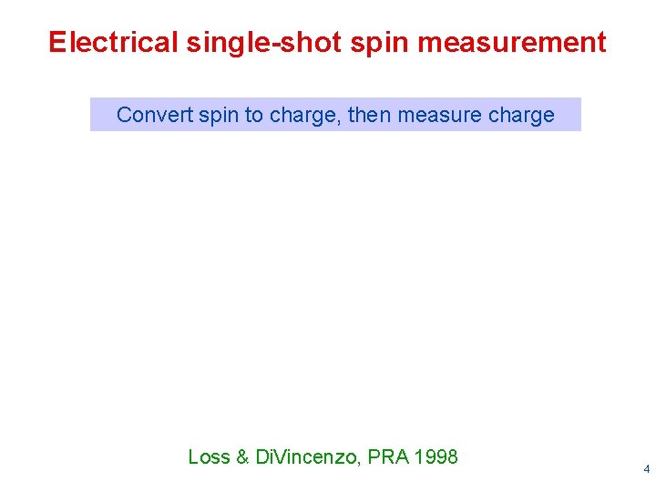 Electrical single-shot spin measurement Convert spin to charge, then measure charge Loss & Di.