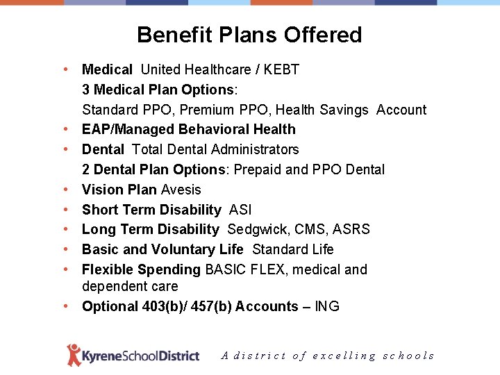 Benefit Plans Offered • Medical United Healthcare / KEBT 3 Medical Plan Options: Standard