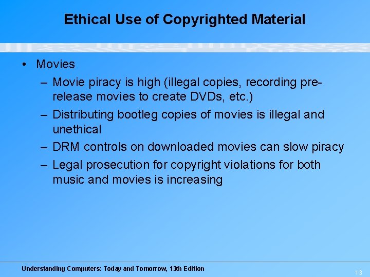 Ethical Use of Copyrighted Material • Movies – Movie piracy is high (illegal copies,
