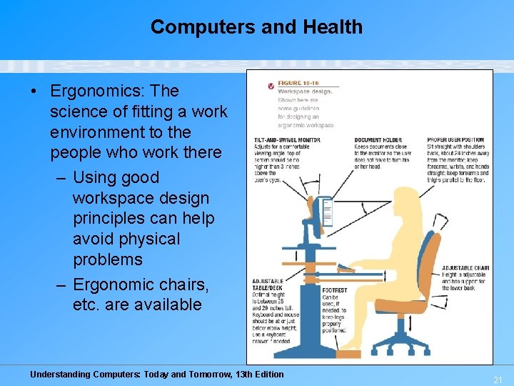 Computers and Health • Ergonomics: The science of fitting a work environment to the