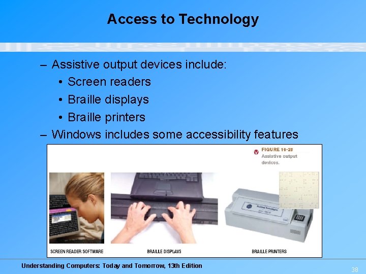 Access to Technology – Assistive output devices include: • Screen readers • Braille displays