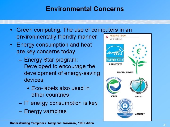 Environmental Concerns • Green computing: The use of computers in an environmentally friendly manner