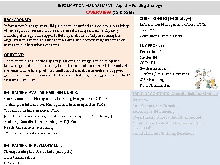 INFORMATION MANAGEMENT - Capacity Building Strategy OVERVIEW (2015 -2016) CORE PROFILES (IM Strategy) BACKGROUND: