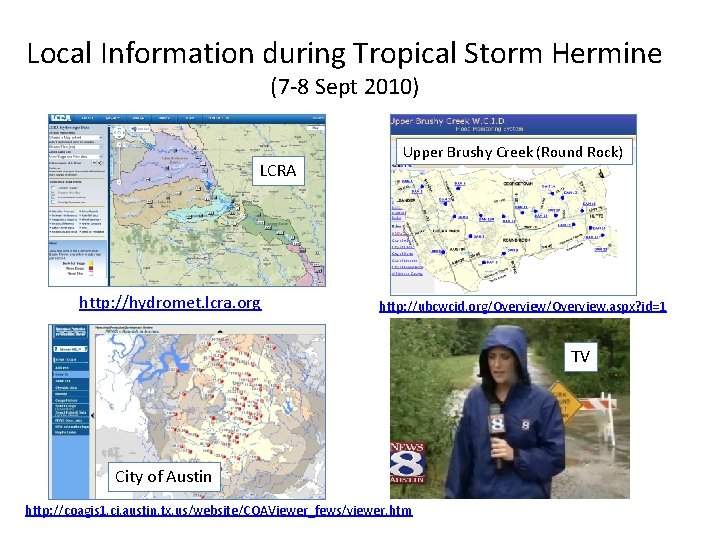 Local Information during Tropical Storm Hermine (7 -8 Sept 2010) LCRA http: //hydromet. lcra.