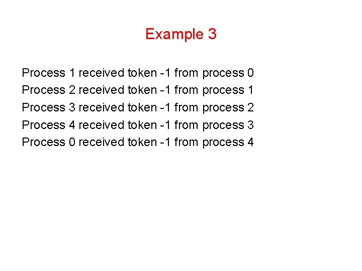 Example 3 Process 1 received token -1 from process 0 Process 2 received token