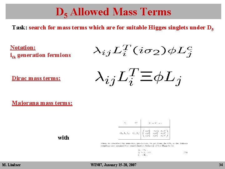 D 5 Allowed Mass Terms Task: search for mass terms which are for suitable D 5 Allowed Mass Terms Task: search for mass terms which are for suitable