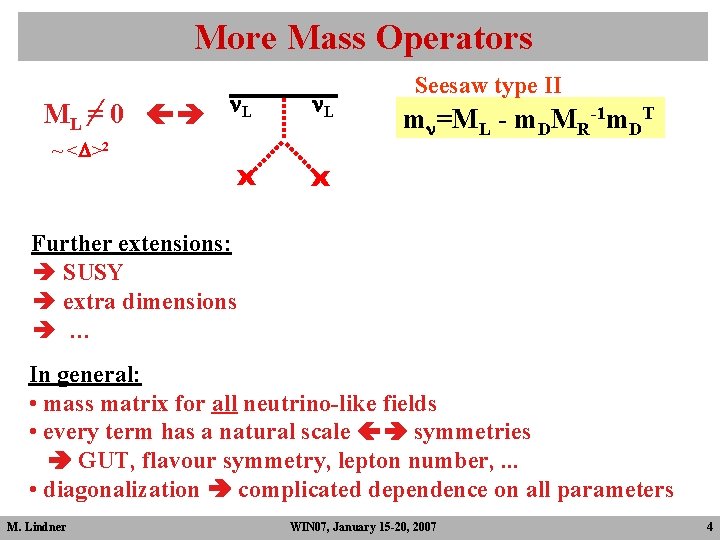 More Mass Operators ML =/ 0 n. L ~ <D>2 x n. L Seesaw More Mass Operators ML =/ 0 n. L ~ <D>2 x n. L Seesaw
