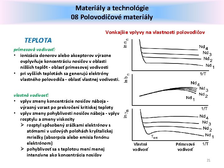 Materiály a technológie 08 Polovodičové materiály Vonkajšie vplyvy na vlastnosti polovodičov TEPLOTA prímesová vodivosť:
