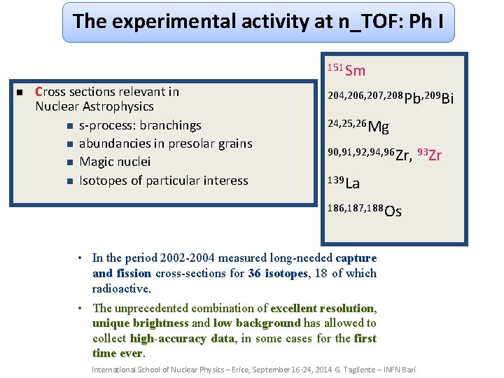 The experimental activity at n_TOF: Ph I 151 Sm n Cross sections relevant in The experimental activity at n_TOF: Ph I 151 Sm n Cross sections relevant in