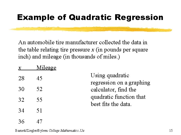 Example of Quadratic Regression An automobile tire manufacturer collected the data in the table
