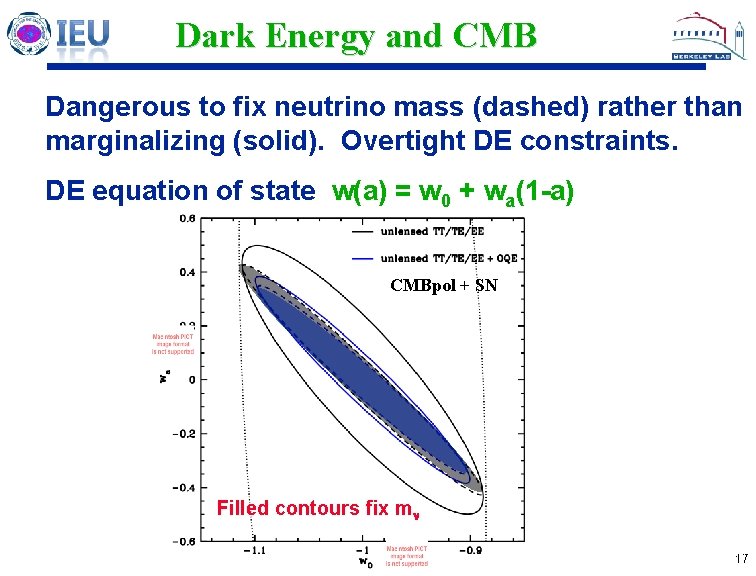 Dark Energy and CMB Dangerous to fix neutrino mass (dashed) rather than marginalizing (solid).