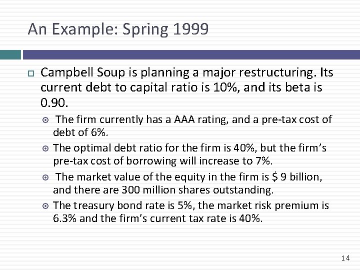 An Example: Spring 1999 Campbell Soup is planning a major restructuring. Its current debt