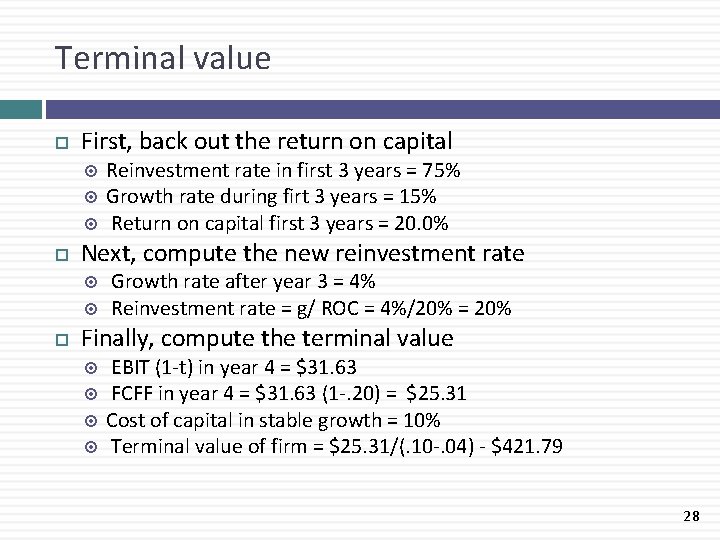Terminal value First, back out the return on capital Next, compute the new reinvestment