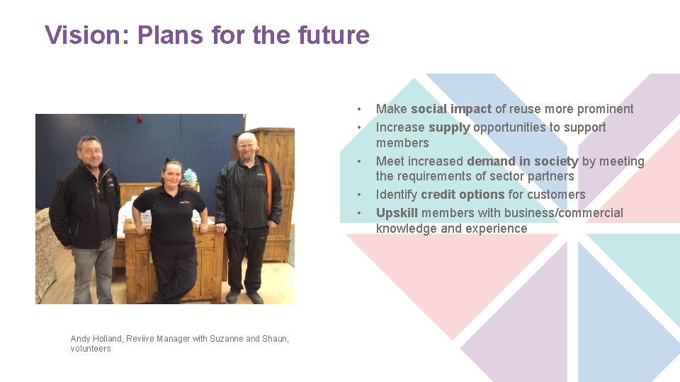 Vision: Plans for the future • • • Andy Holland, Reviive Manager with Suzanne