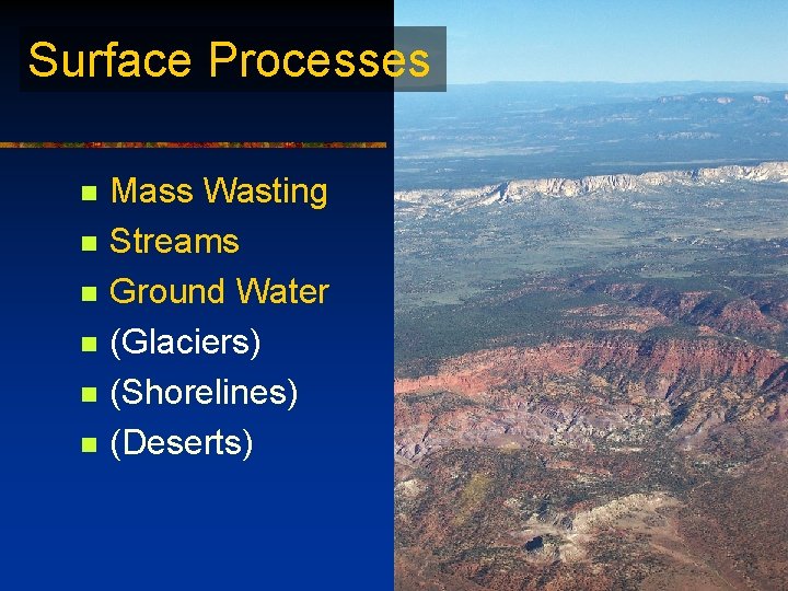 Surface Processes n n n Mass Wasting Streams Ground Water (Glaciers) (Shorelines) (Deserts) 