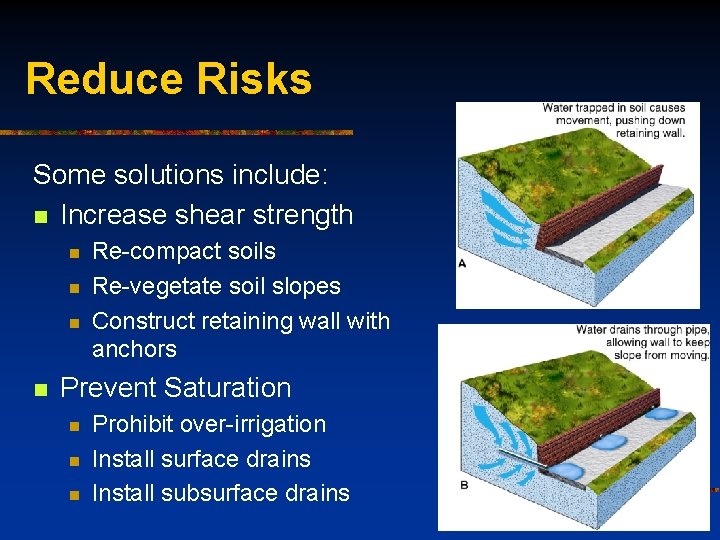 Reduce Risks Some solutions include: n Increase shear strength n n Re-compact soils Re-vegetate