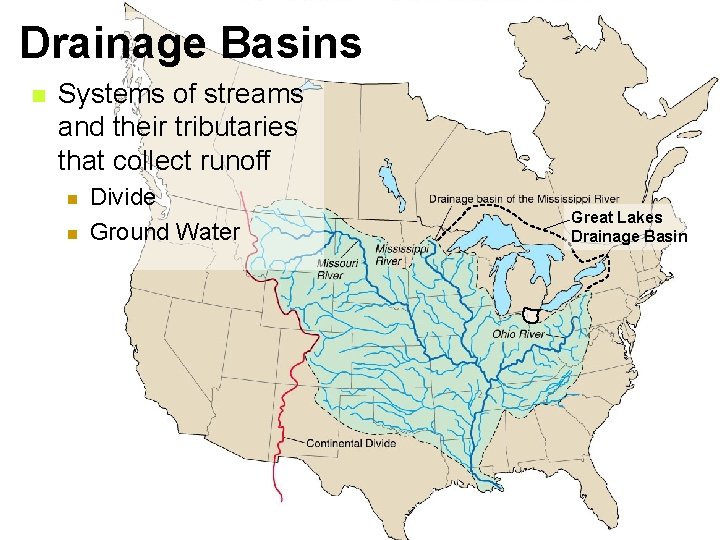 Drainage Basins n Systems of streams and their tributaries that collect runoff n n
