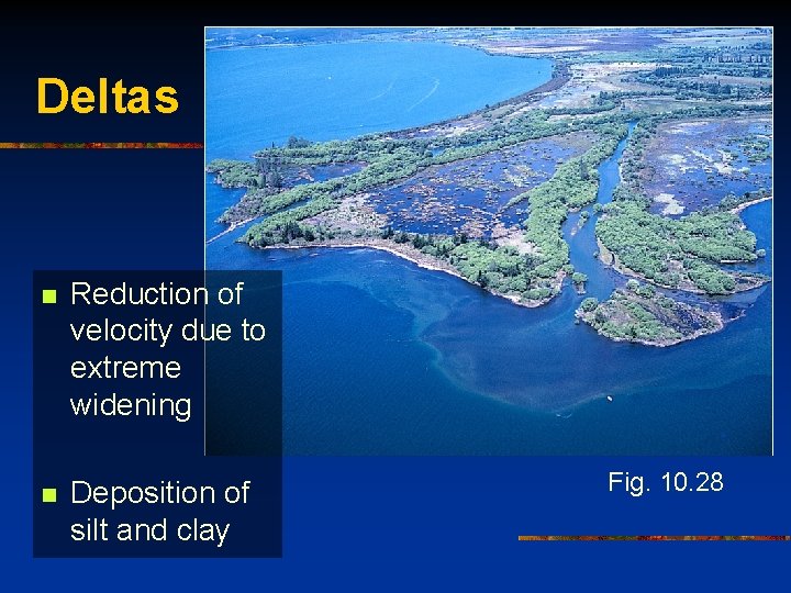 Deltas n Reduction of velocity due to extreme widening n Deposition of silt and